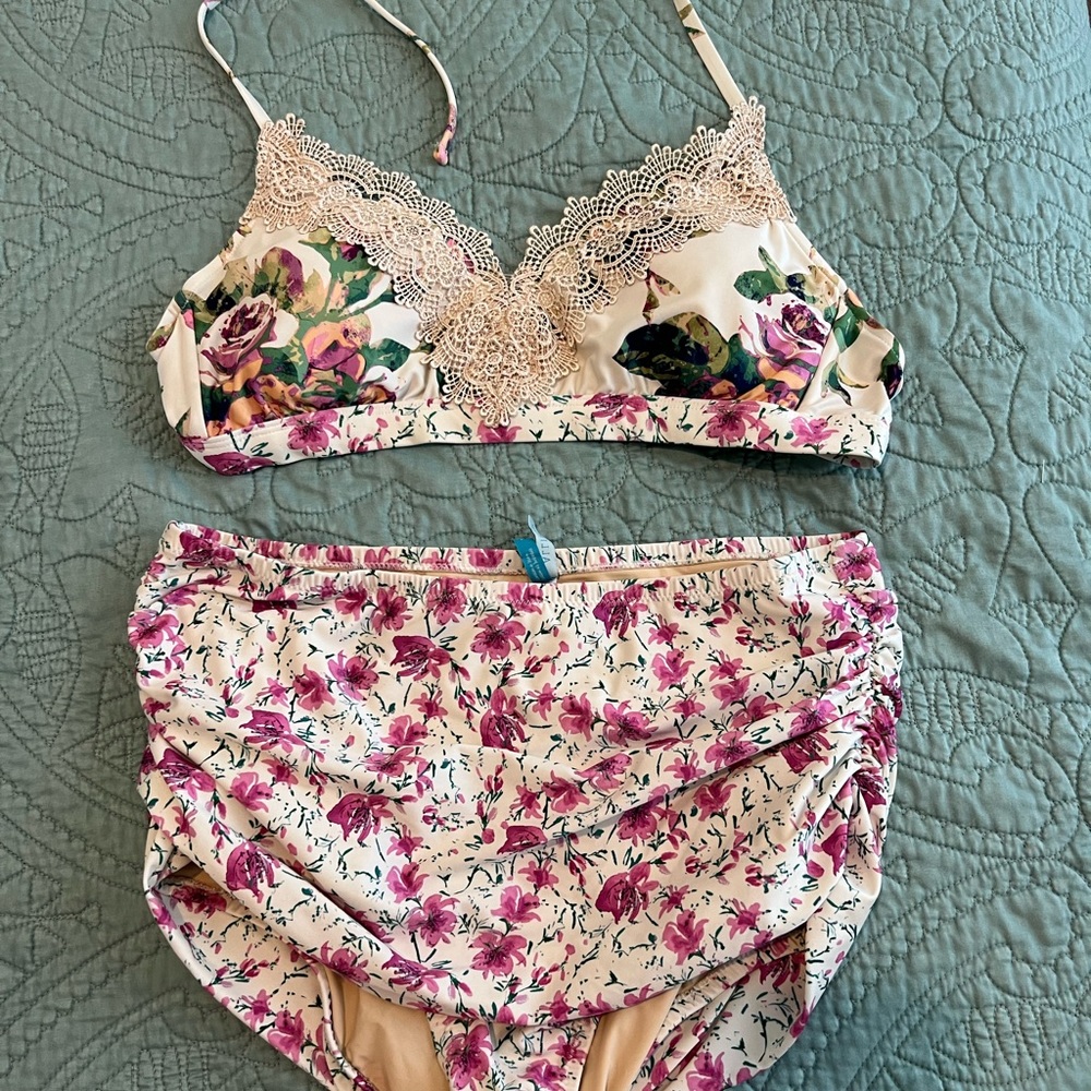 Anthropologie Floral Lace Bikini Set in Cream and Pink